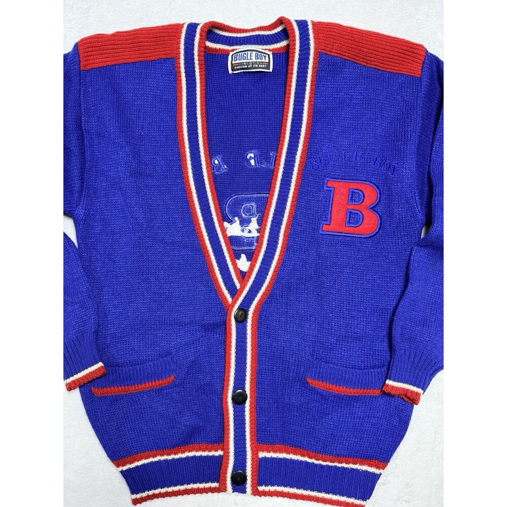 VTG Bugle Boy American Classic Varsity V-Neck Button Up Cardigan Blue Red Sz LG